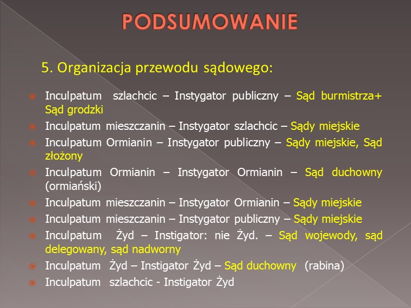 Inculpatum  szlachcic – Instygator publiczny – Sąd burmistrza+ Sąd grodzki  Inculpatum mieszczanin
